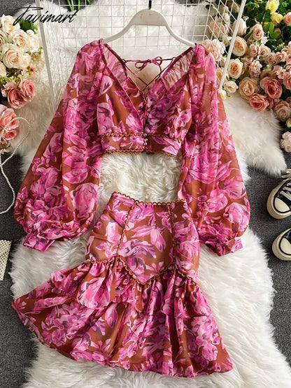 vzyzvSpring Autumn Sexy Chiffon Two Piece Set Women Elegant Long Sleeve V-Neck Short Tops + Ruffle Mini Skirt Female Printed Suit New