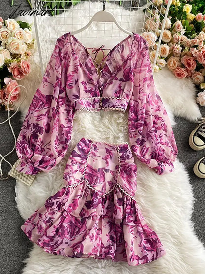 vzyzvSpring Autumn Sexy Chiffon Two Piece Set Women Elegant Long Sleeve V-Neck Short Tops + Ruffle Mini Skirt Female Printed Suit New