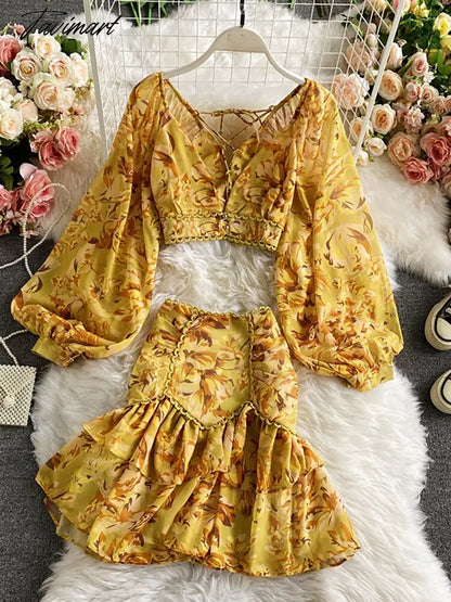 vzyzvSpring Autumn Sexy Chiffon Two Piece Set Women Elegant Long Sleeve V-Neck Short Tops + Ruffle Mini Skirt Female Printed Suit New