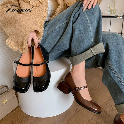 vzyzvSpring/Autumn Women Pumps Square Toe Chunky Heel Shoes for Women Split Leather Mixed Colors Mary Janes Retro Shoes Women