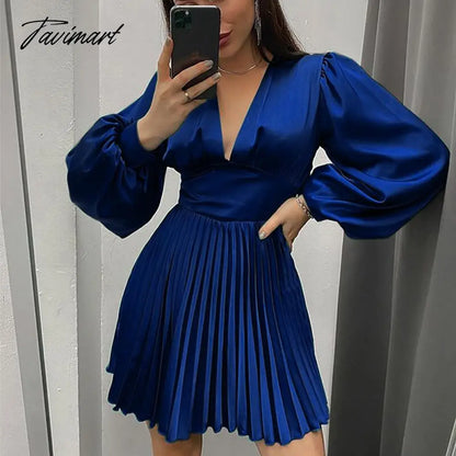 vzyzvSpring Autumn Women Solid Color Mini Dress Fashion Long Sleeve V-Neck Waist Dress Ladies Casual Slim Office Pleated Dresses