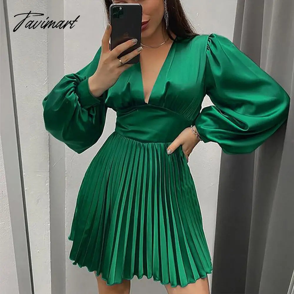 vzyzvSpring Autumn Women Solid Color Mini Dress Fashion Long Sleeve V-Neck Waist Dress Ladies Casual Slim Office Pleated Dresses