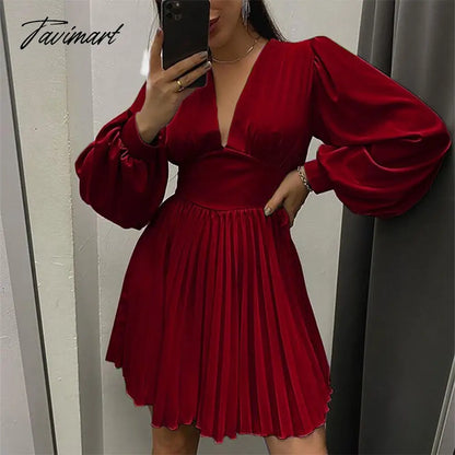 vzyzvSpring Autumn Women Solid Color Mini Dress Fashion Long Sleeve V-Neck Waist Dress Ladies Casual Slim Office Pleated Dresses