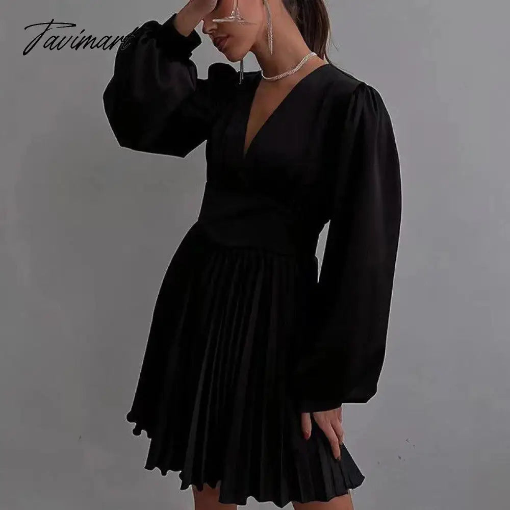 vzyzvSpring Autumn Women Solid Color Mini Dress Fashion Long Sleeve V-Neck Waist Dress Ladies Casual Slim Office Pleated Dresses