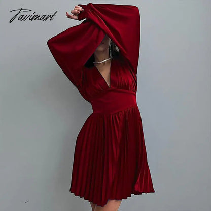 vzyzvSpring Autumn Women Solid Color Mini Dress Fashion Long Sleeve V-Neck Waist Dress Ladies Casual Slim Office Pleated Dresses