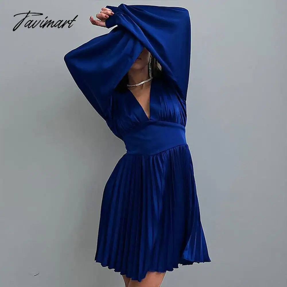 vzyzvSpring Autumn Women Solid Color Mini Dress Fashion Long Sleeve V-Neck Waist Dress Ladies Casual Slim Office Pleated Dresses