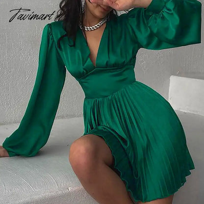 vzyzvSpring Autumn Women Solid Color Mini Dress Fashion Long Sleeve V-Neck Waist Dress Ladies Casual Slim Office Pleated Dresses