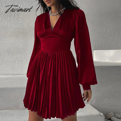 vzyzvSpring Autumn Women Solid Color Mini Dress Fashion Long Sleeve V-Neck Waist Dress Ladies Casual Slim Office Pleated Dresses