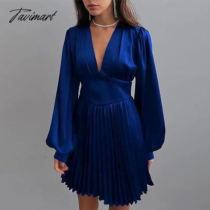 vzyzvSpring Autumn Women Solid Color Mini Dress Fashion Long Sleeve V-Neck Waist Dress Ladies Casual Slim Office Pleated Dresses