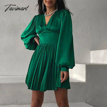 vzyzvSpring Autumn Women Solid Color Mini Dress Fashion Long Sleeve V-Neck Waist Dress Ladies Casual Slim Office Pleated Dresses