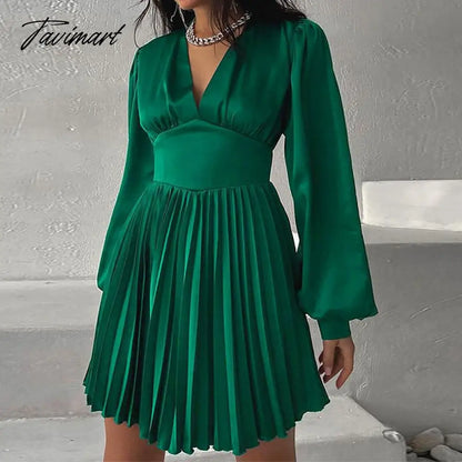 vzyzvSpring Autumn Women Solid Color Mini Dress Fashion Long Sleeve V-Neck Waist Dress Ladies Casual Slim Office Pleated Dresses