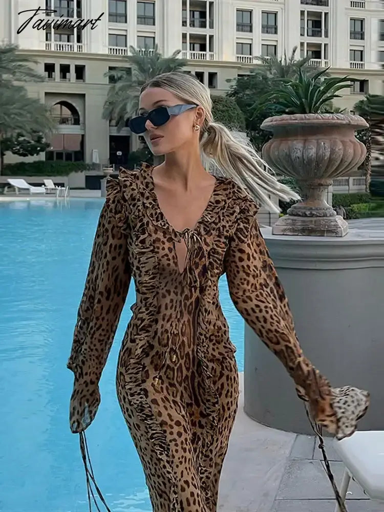 vzyzv -  Spring Chic Leopard Print Ruffle Split Dress Women Sexy Lace Up V Neck Long Sleeve Vestidos 2024 Lady Elegant Party Streetwear