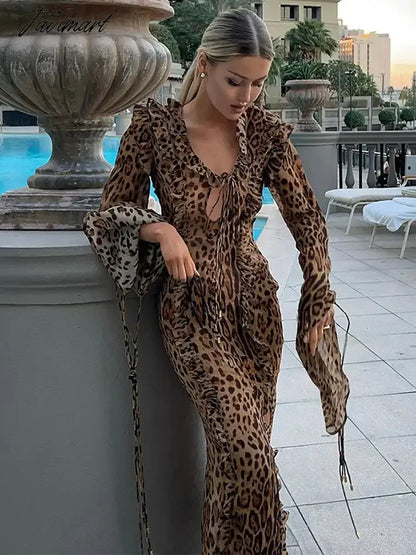 vzyzv -  Spring Chic Leopard Print Ruffle Split Dress Women Sexy Lace Up V Neck Long Sleeve Vestidos 2024 Lady Elegant Party Streetwear