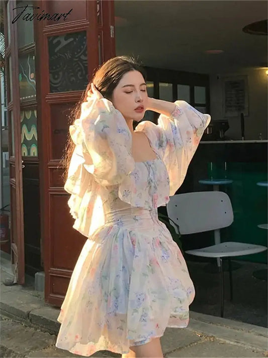 vzyzvSpring Elegant Square Collar Mini Dress Women Lantren Sleeve Ruffle High Waist Fairy Dress Lady Print Korean Dress