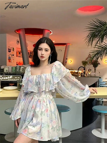 vzyzvSpring Elegant Square Collar Mini Dress Women Lantren Sleeve Ruffle High Waist Fairy Dress Lady Print Korean Dress