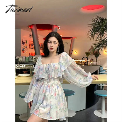 vzyzvSpring Elegant Square Collar Mini Dress Women Lantren Sleeve Ruffle High Waist Fairy Dress Lady Print Korean Dress