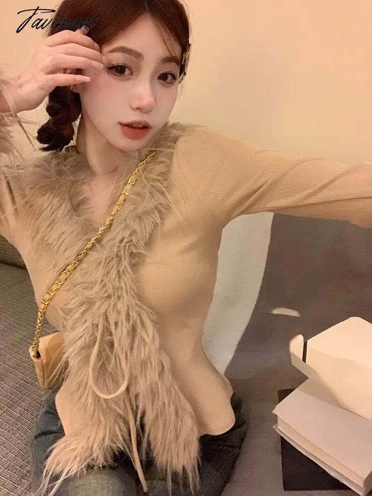 vzyzvSpring Faux Fur Knitted Cardigan Women Slim Sexy Y2k Crop Tops Female Sweet Elegant Sweater Korean Fashion Clothing Blouse