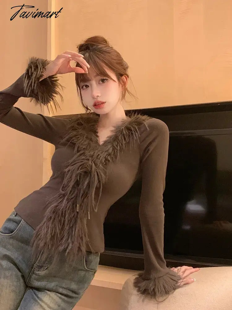 vzyzvSpring Faux Fur Knitted Cardigan Women Slim Sexy Y2k Crop Tops Female Sweet Elegant Sweater Korean Fashion Clothing Blouse