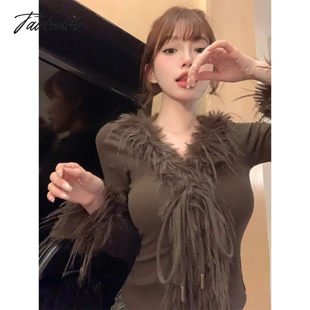 vzyzvSpring Faux Fur Knitted Cardigan Women Slim Sexy Y2k Crop Tops Female Sweet Elegant Sweater Korean Fashion Clothing Blouse