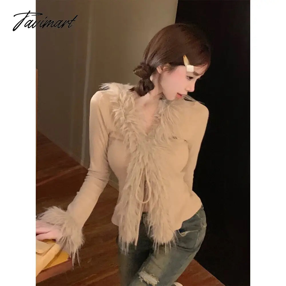 vzyzvSpring Faux Fur Knitted Cardigan Women Slim Sexy Y2k Crop Tops Female Sweet Elegant Sweater Korean Fashion Clothing Blouse