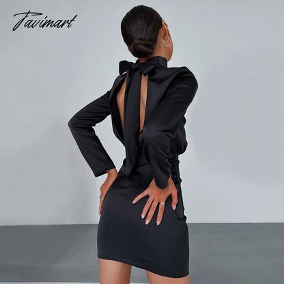 vzyzvSpring Spring French Satin Dress Sexy Black Bodycon Dress Party Backless Dress Long Sleeve Celebrity Club Night Dresses