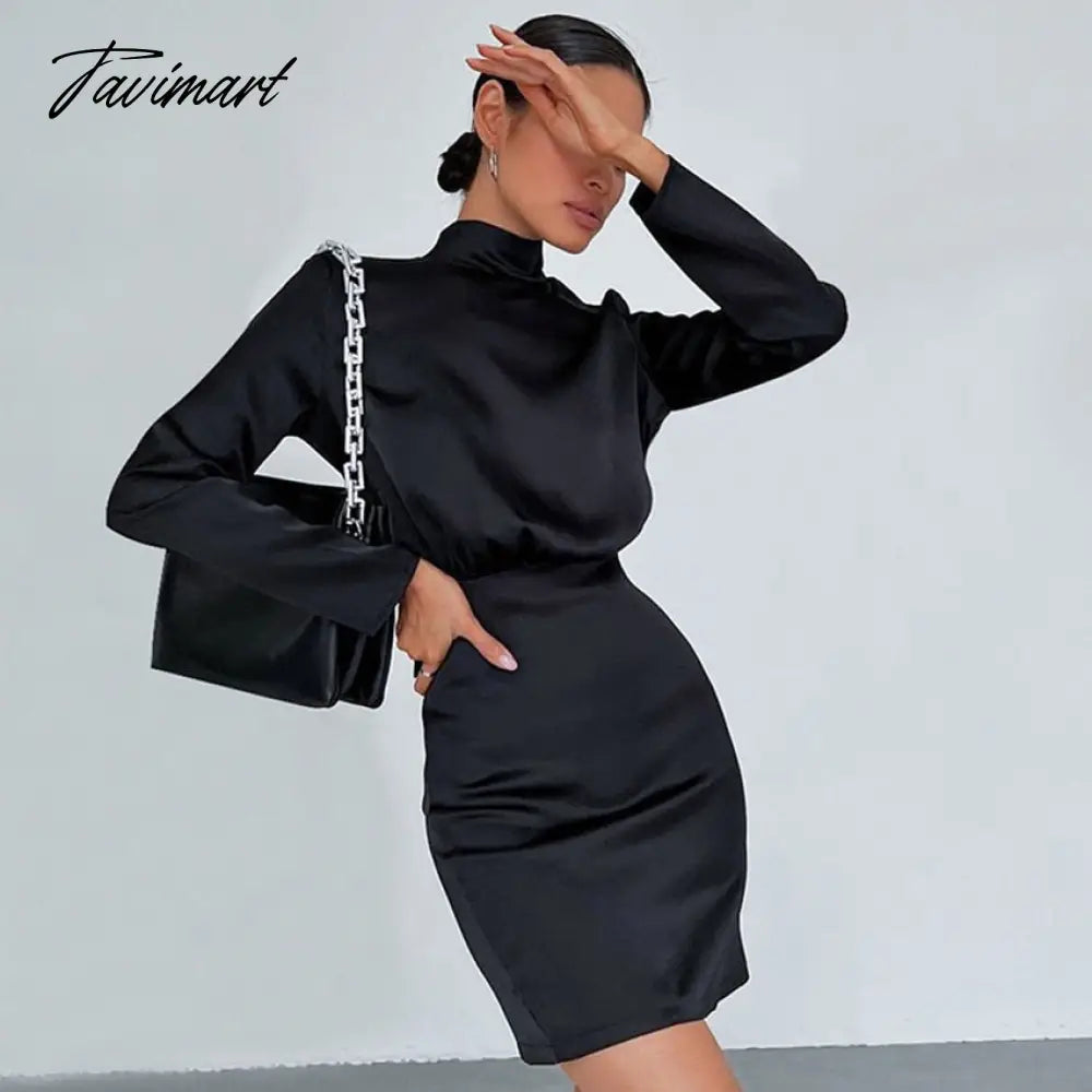 vzyzvSpring Spring French Satin Dress Sexy Black Bodycon Dress Party Backless Dress Long Sleeve Celebrity Club Night Dresses