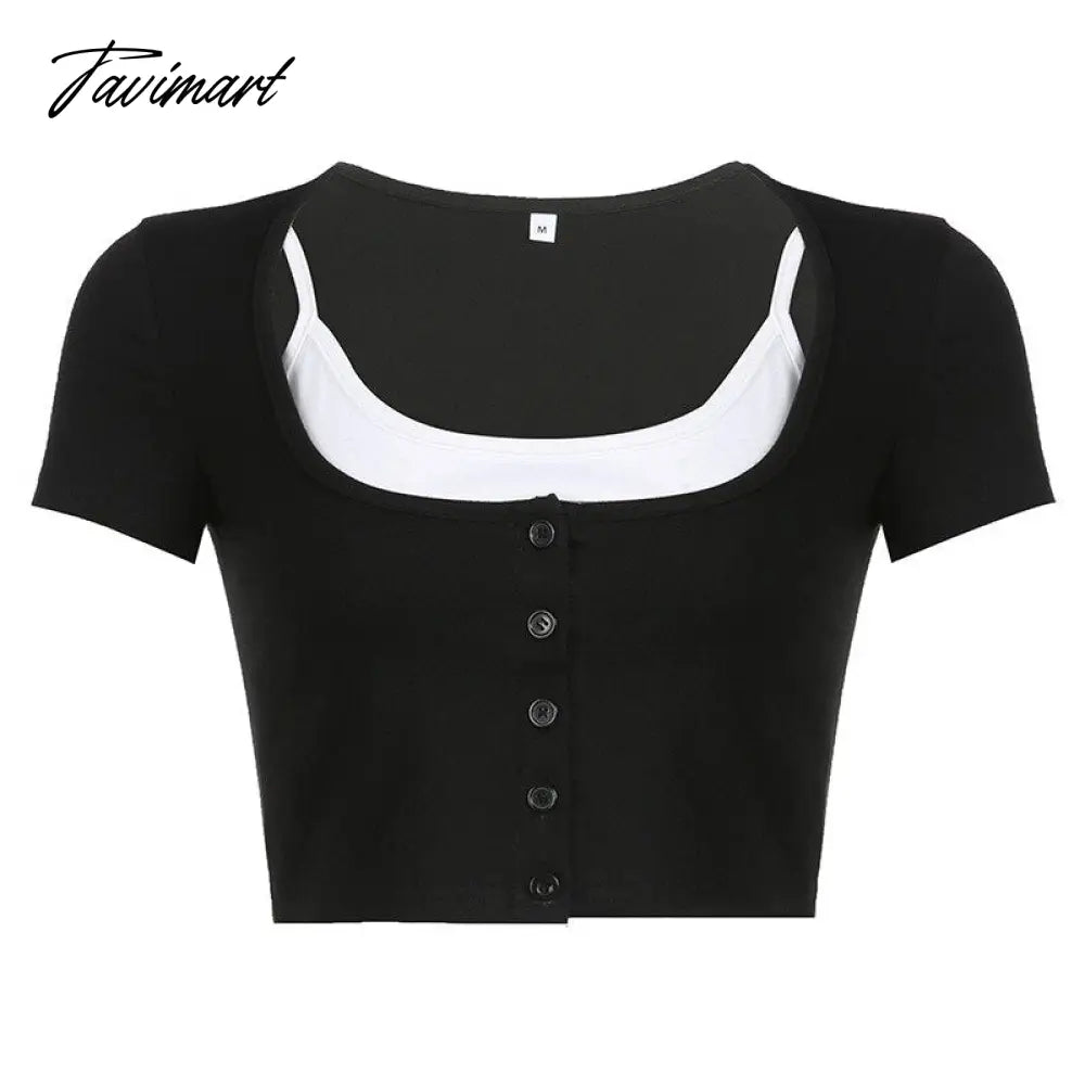 vzyzv Spring New Balck Patchwork White Fake Two Piece T-shirts Sexy Crop Top Slim Fit Tee Shirt Y2k Street Short Sleeve Tops Women