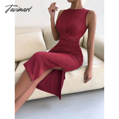 vzyzvSpring Summe Luxury Ladies Knitted Slit Sexy Light Dress Waist Collection Slimming Dress Lady Elegant Party Dress Women