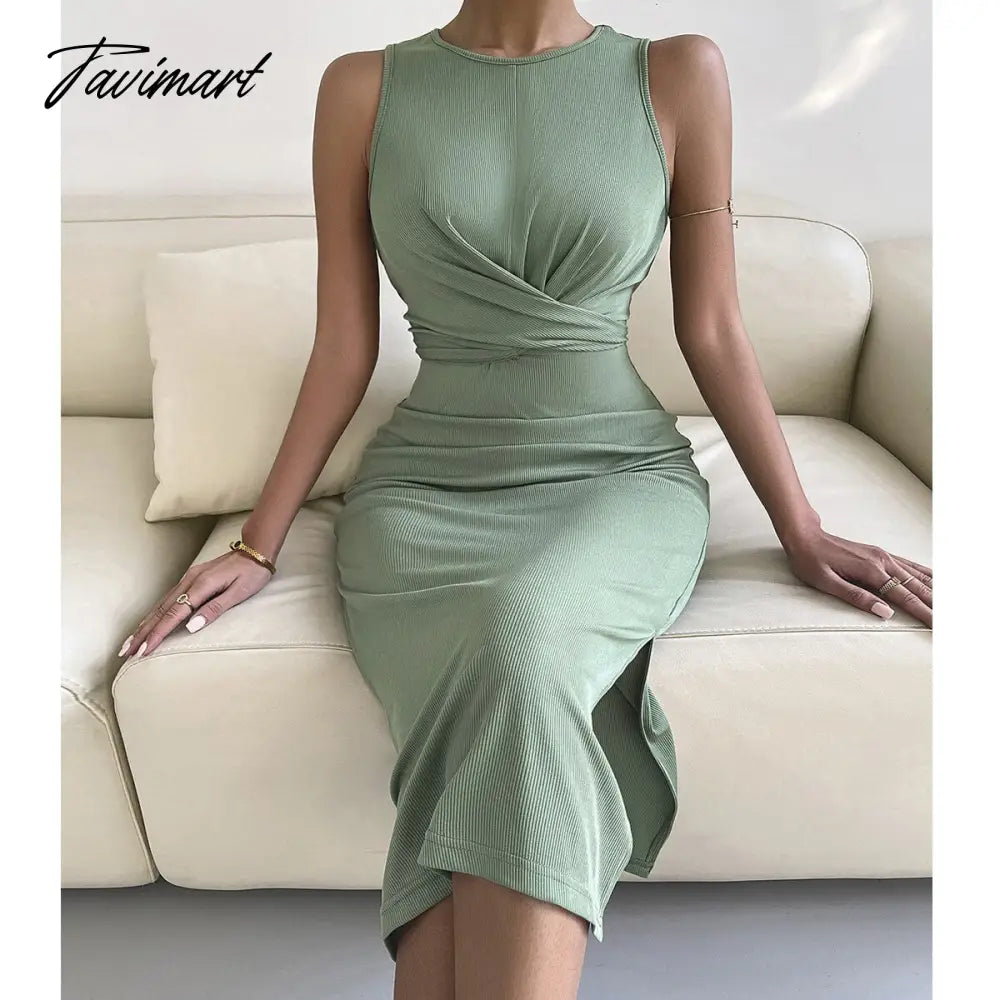 vzyzvSpring Summe Luxury Ladies Knitted Slit Sexy Light Dress Waist Collection Slimming Dress Lady Elegant Party Dress Women