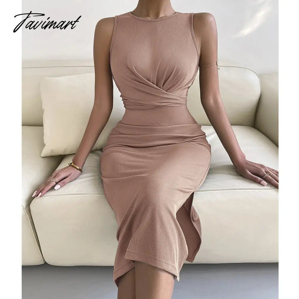 vzyzvSpring Summe Luxury Ladies Knitted Slit Sexy Light Dress Waist Collection Slimming Dress Lady Elegant Party Dress Women