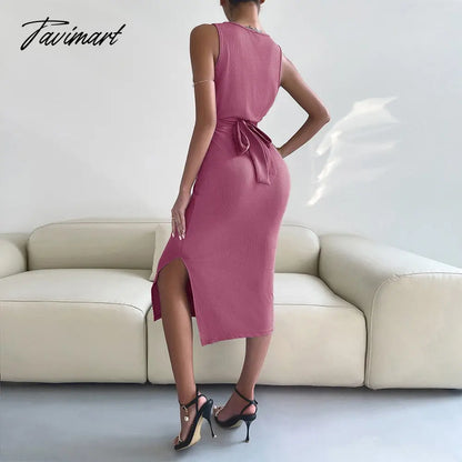 vzyzvSpring Summe Luxury Ladies Knitted Slit Sexy Light Dress Waist Collection Slimming Dress Lady Elegant Party Dress Women