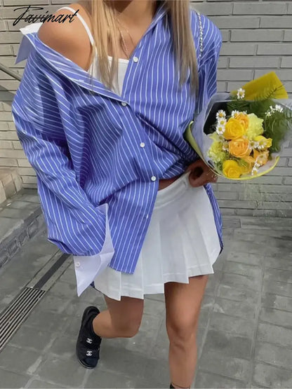 vzyzv -  Spring Summer Striped Blouses 2024 New Simple Long Sleeve Lapel Collar Patchwork Blouse Ladies Casual Fashion Shirts For Women