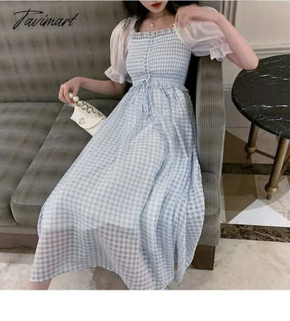 vzyzvSpring Summer Women Elegant Puff Sleeve Plaid Blue Dress Female Square Collar Patchwork Fairy Holiday Dress