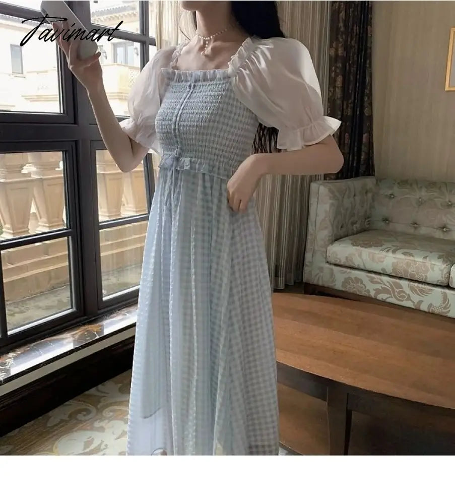 vzyzvSpring Summer Women Elegant Puff Sleeve Plaid Blue Dress Female Square Collar Patchwork Fairy Holiday Dress