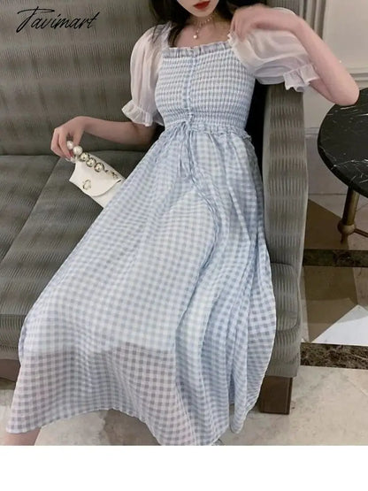 vzyzvSpring Summer Women Elegant Puff Sleeve Plaid Blue Dress Female Square Collar Patchwork Fairy Holiday Dress