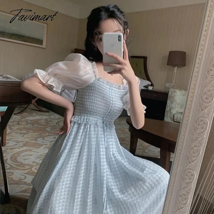 vzyzvSpring Summer Women Elegant Puff Sleeve Plaid Blue Dress Female Square Collar Patchwork Fairy Holiday Dress