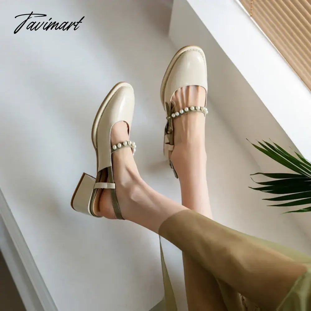 vzyzv -  Spring/Summer Women Shoes Round Toe Chunky Heel Women Sandals Pearl Mary Janes Split Leather Shoes Concise Shoes for Women