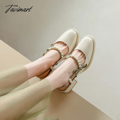 vzyzv -  Spring/Summer Women Shoes Round Toe Chunky Heel Women Sandals Pearl Mary Janes Split Leather Shoes Concise Shoes for Women