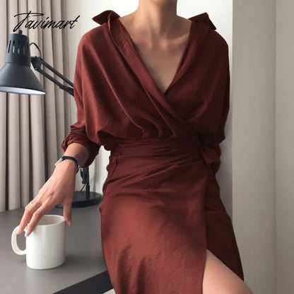 vzyzv Spring Women Casual V-neck Cotton Linen Midi Dress Full Sleeve Lace Up Female Elegant Solid Vestidos