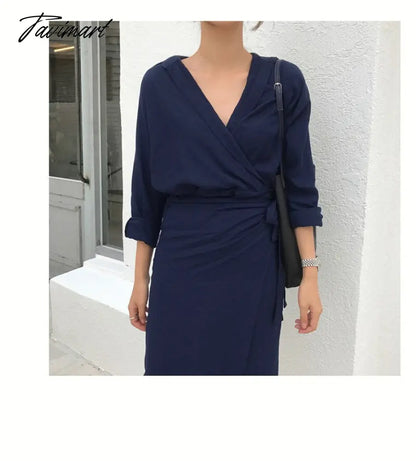 vzyzv Spring Women Casual V-neck Cotton Linen Midi Dress Full Sleeve Lace Up Female Elegant Solid Vestidos