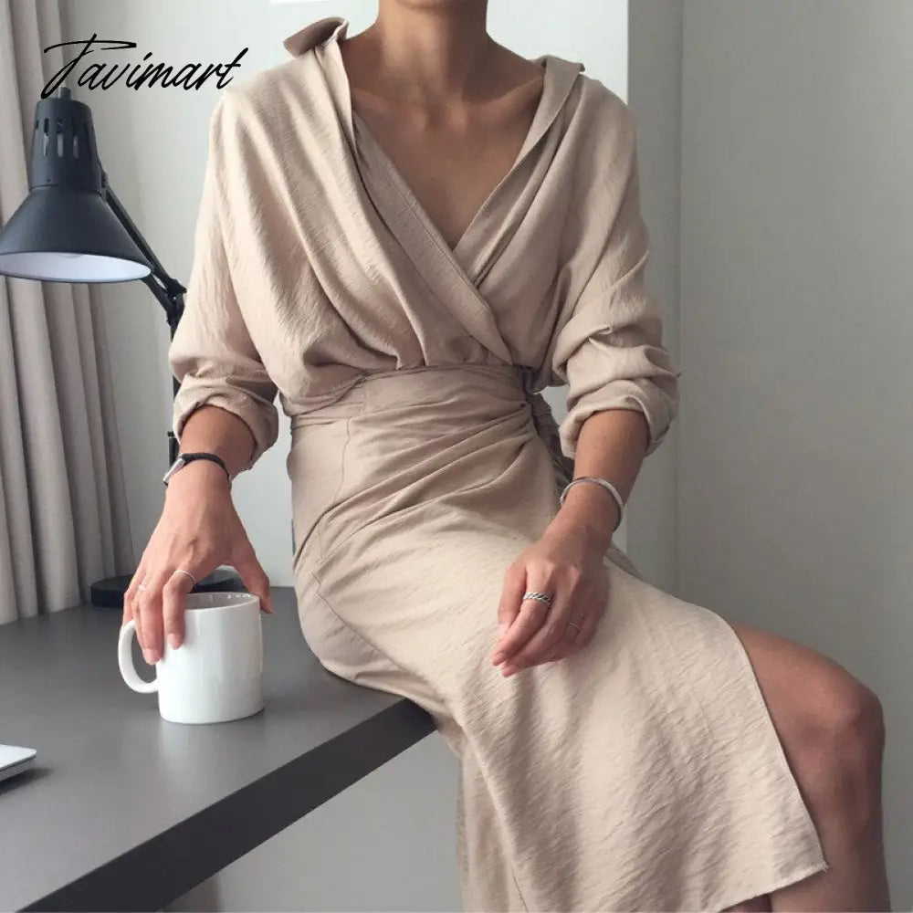 vzyzv Spring Women Casual V-neck Cotton Linen Midi Dress Full Sleeve Lace Up Female Elegant Solid Vestidos