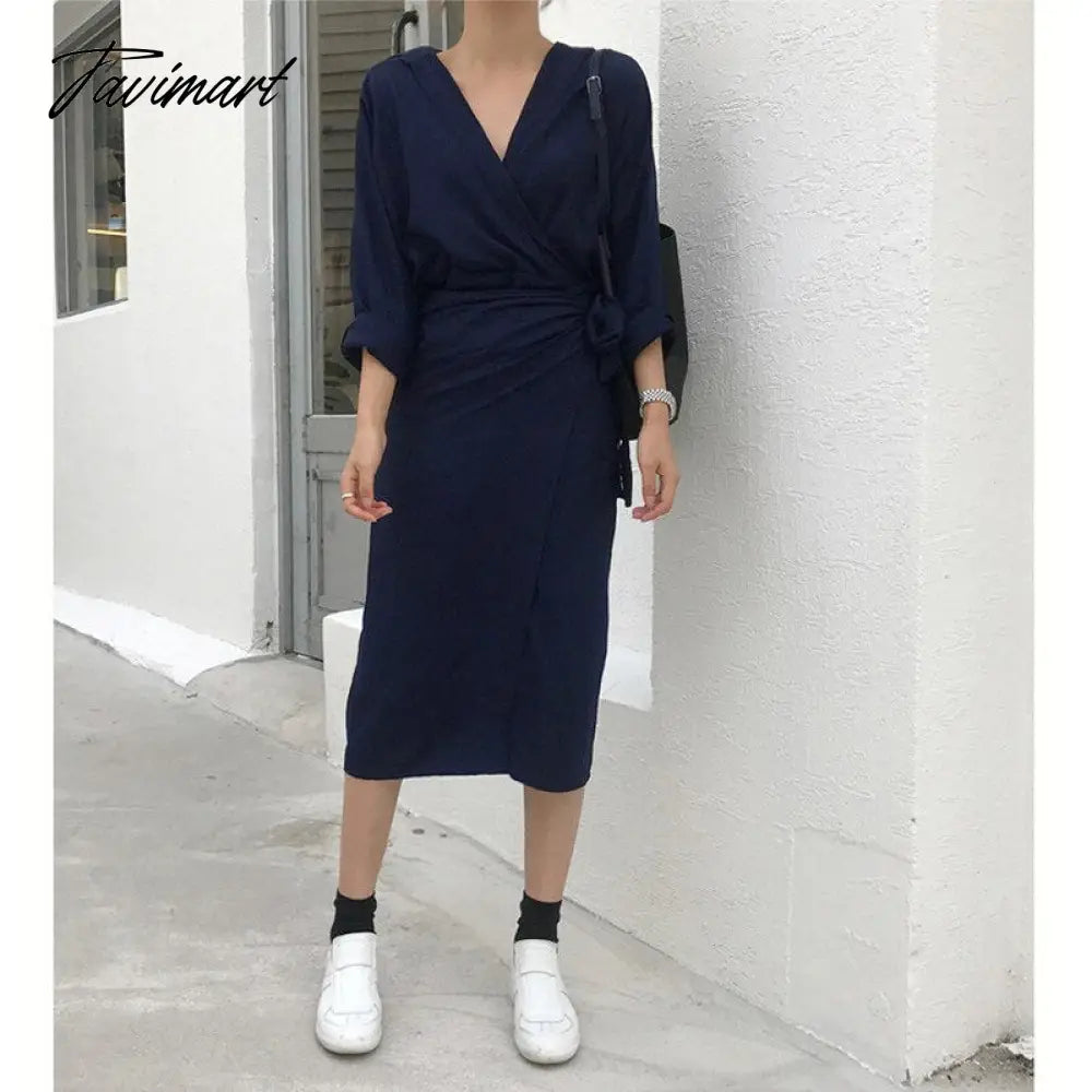 vzyzv Spring Women Casual V-neck Cotton Linen Midi Dress Full Sleeve Lace Up Female Elegant Solid Vestidos