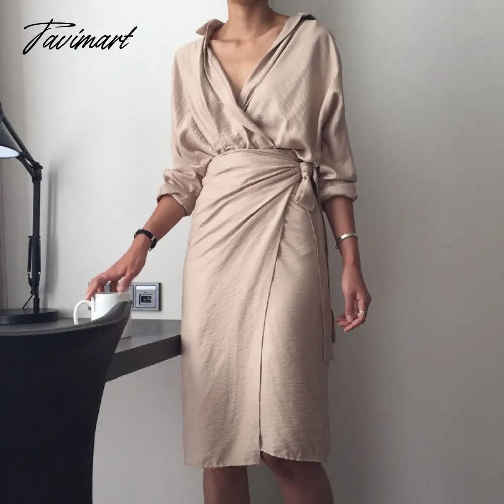 vzyzv Spring Women Casual V-neck Cotton Linen Midi Dress Full Sleeve Lace Up Female Elegant Solid Vestidos