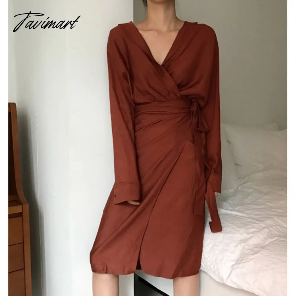 vzyzv Spring Women Casual V-neck Cotton Linen Midi Dress Full Sleeve Lace Up Female Elegant Solid Vestidos