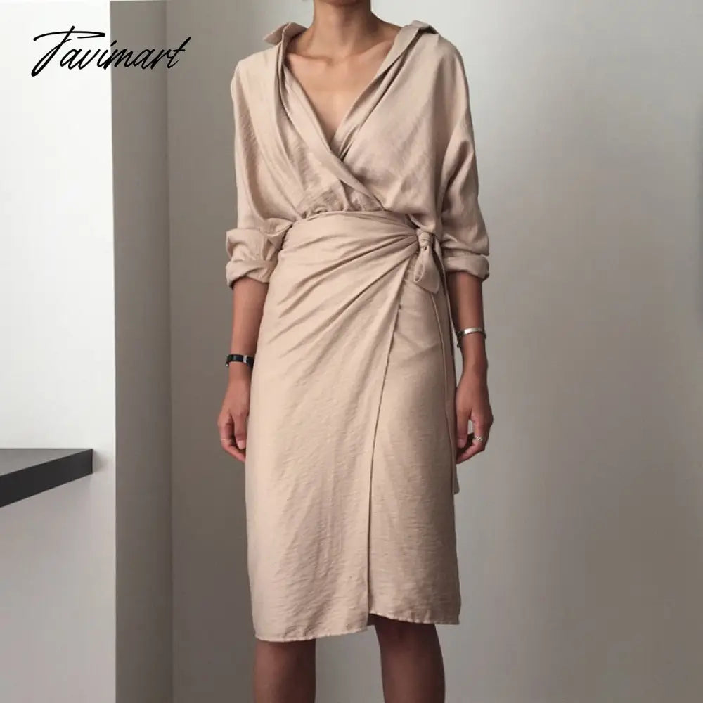 vzyzv Spring Women Casual V-neck Cotton Linen Midi Dress Full Sleeve Lace Up Female Elegant Solid Vestidos