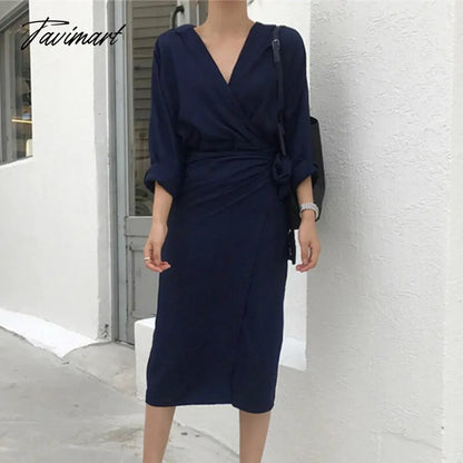 vzyzv Spring Women Casual V-neck Cotton Linen Midi Dress Full Sleeve Lace Up Female Elegant Solid Vestidos