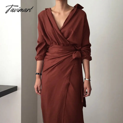 vzyzv Spring Women Casual V-neck Cotton Linen Midi Dress Full Sleeve Lace Up Female Elegant Solid Vestidos