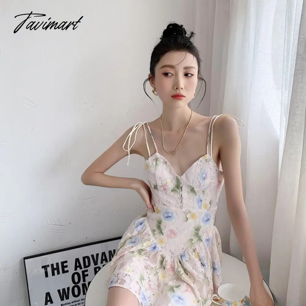 vzyzvSpring Women' Clothing Dress Self-cultivation Tea Break French Style Lace Sexy Sweet Spicy Girl Lace Sling Feminine Dress