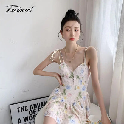 vzyzvSpring Women' Clothing Dress Self-cultivation Tea Break French Style Lace Sexy Sweet Spicy Girl Lace Sling Feminine Dress