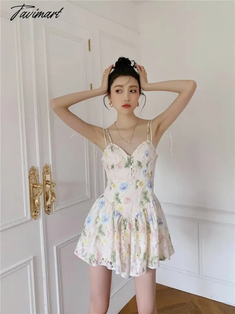 vzyzvSpring Women' Clothing Dress Self-cultivation Tea Break French Style Lace Sexy Sweet Spicy Girl Lace Sling Feminine Dress